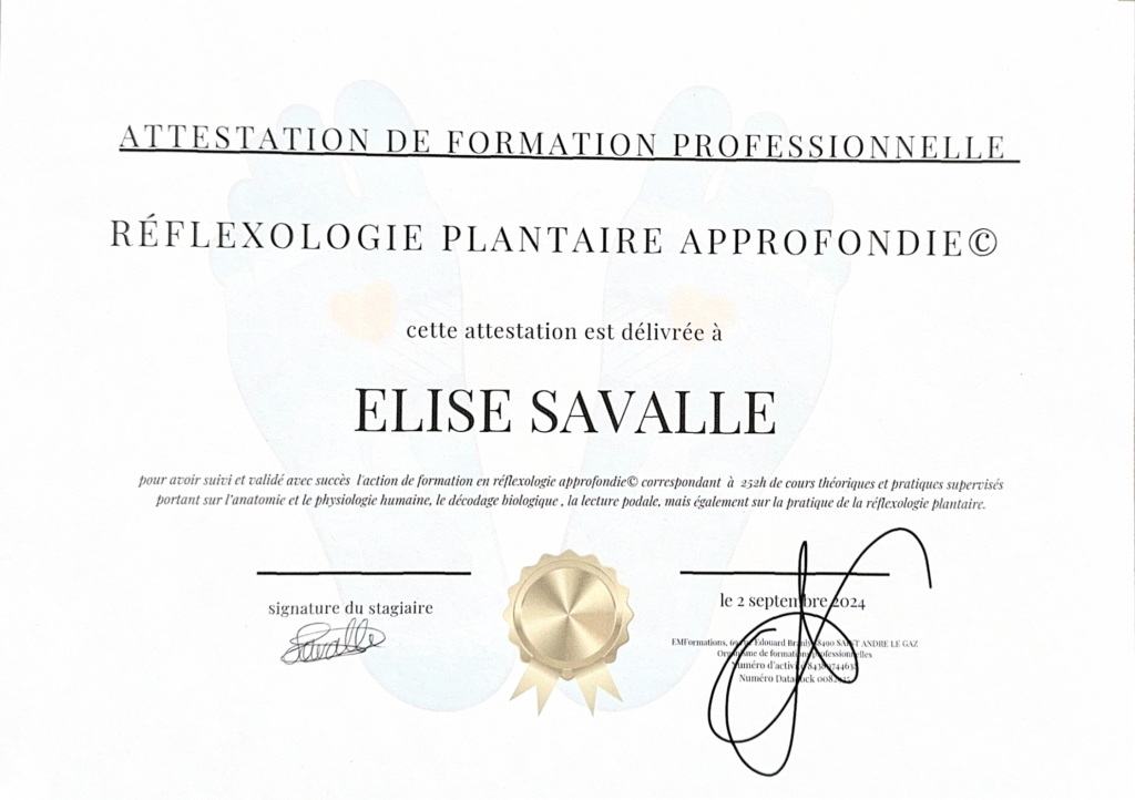 Diplome de réflexologie plantaire (Elise Savalle)