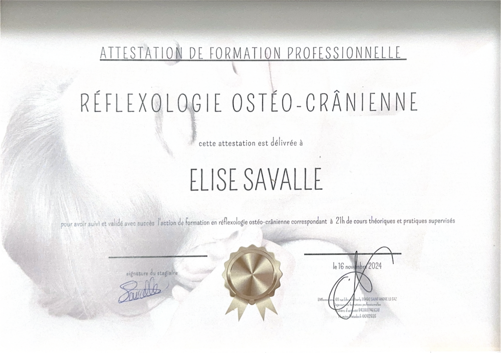 Attestation de formation professionnelle de réflexologie ostéo-crânienne délivrée à Elise Savalle