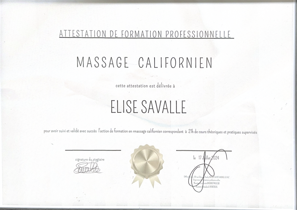 Attestation de formation professionnelle sur le massage californien, délivrée à Elise Savalle